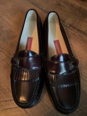 Cole Haan Men’s Burgundy Leather Kiltie Loafers with Buckle